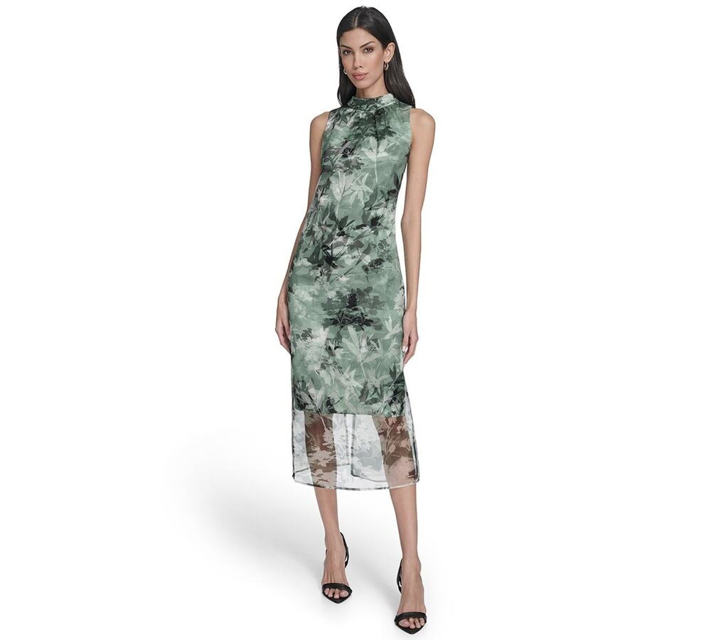Vince Camuto Printed Organza Overlay Mock Neck Midi Dress Green Size 2 3700